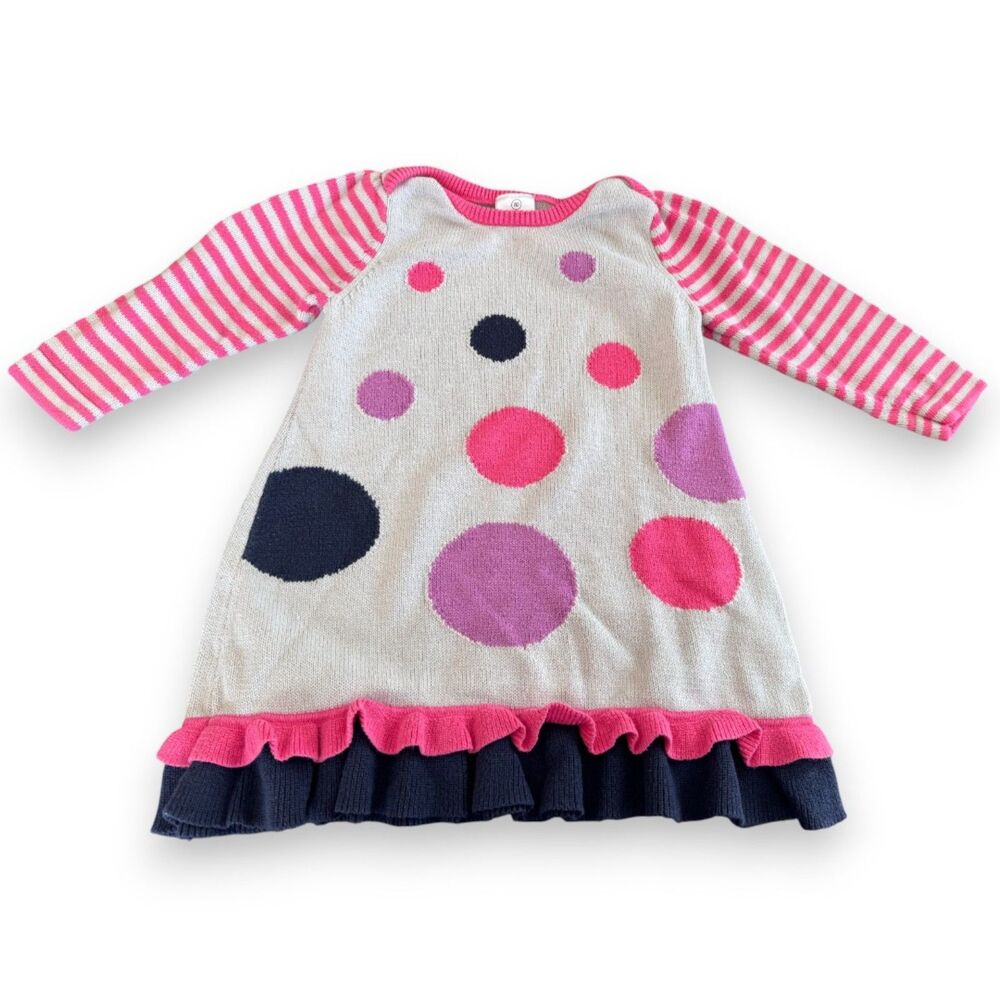 Hanna Andersson Stripes and Circles Ruffle Sweater Dress Size 80 18-24 Months